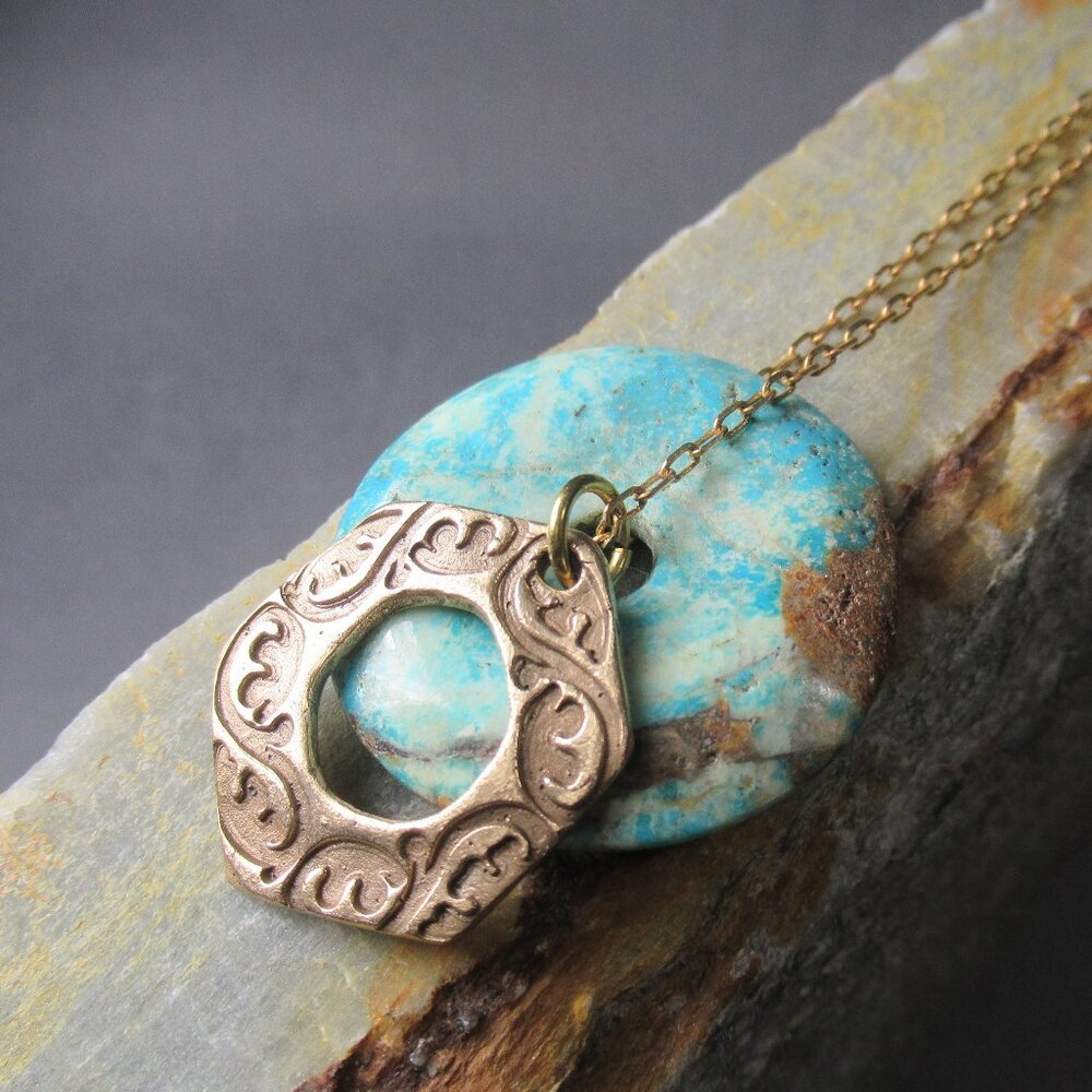 Two Moon Necklace, Turquoise and Gold Bronze Pendant